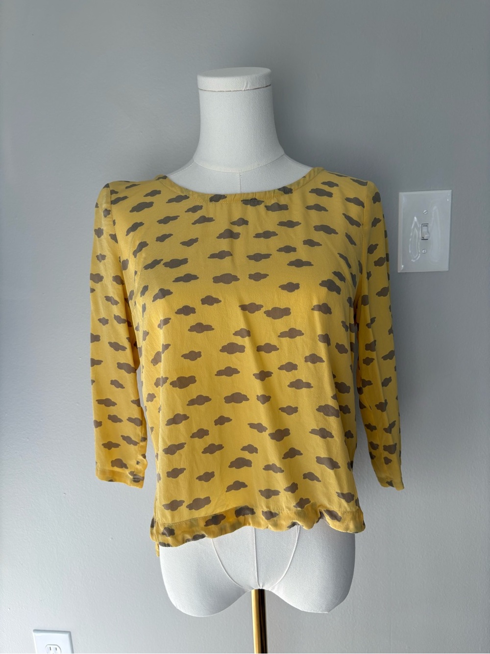 Maeve Linosa Yellow Cloud-Print Silk Long Sleeve Top